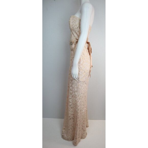 WOMEN'S CHAMPAGNE BEIGE LACE STRAPLESS GOWN FEATHER DETAIL - DEB - SIZE 11 - Picture 7 of 9